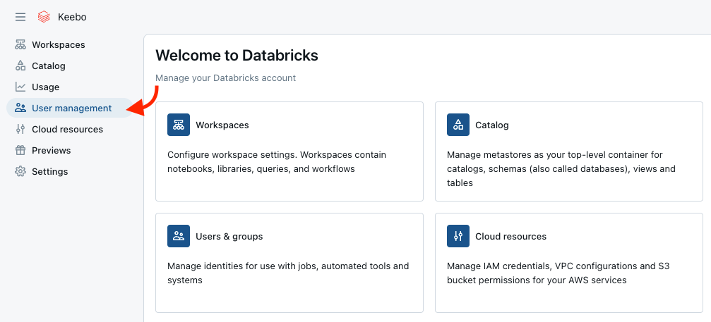 Account Console left sidebar with User Management selected