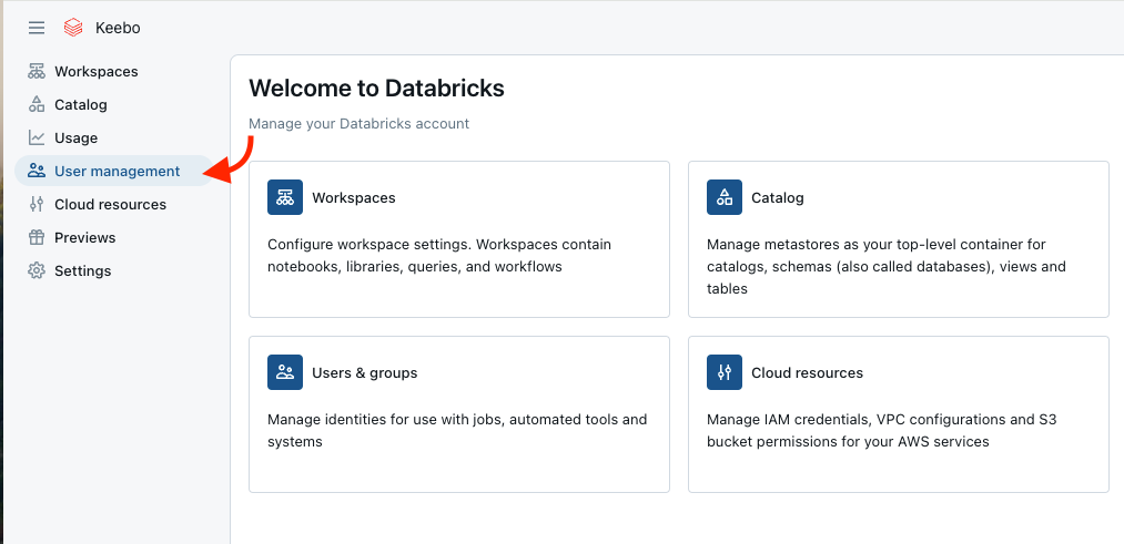 Account Console left sidebar with User Management selected