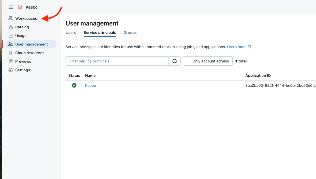 Account Console sidebar with Workspaces visible