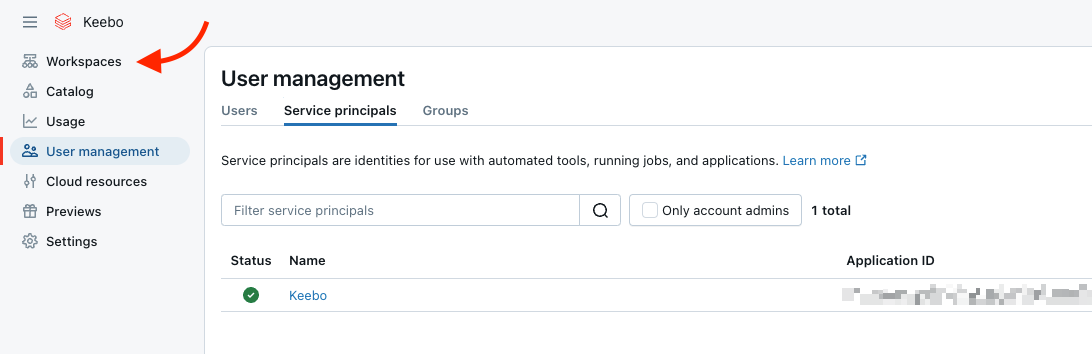 Account Console sidebar with Workspaces visible