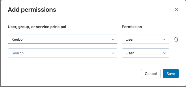 Add permissions dialog with service principal selected and User permission