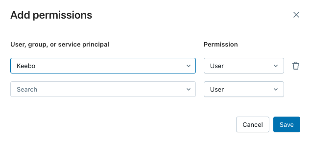 Add permissions dialog with service principal selected and User permission