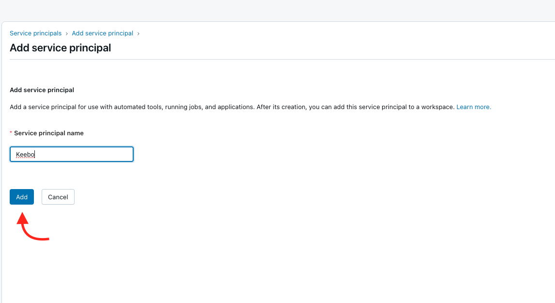 Add service principal form with name field and Add button