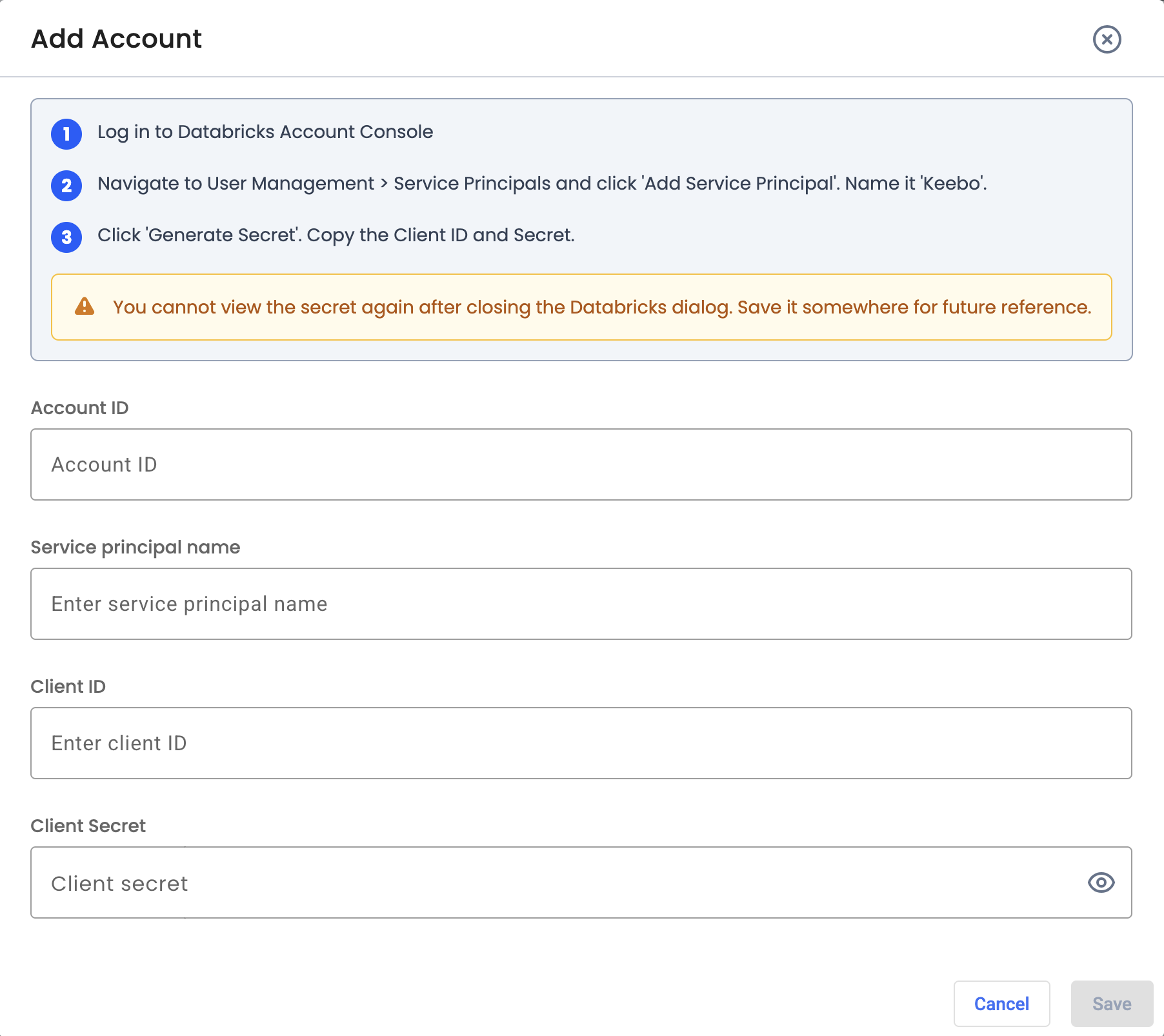 Add Account modal: Account ID, Service principal name, Client ID, Client secret