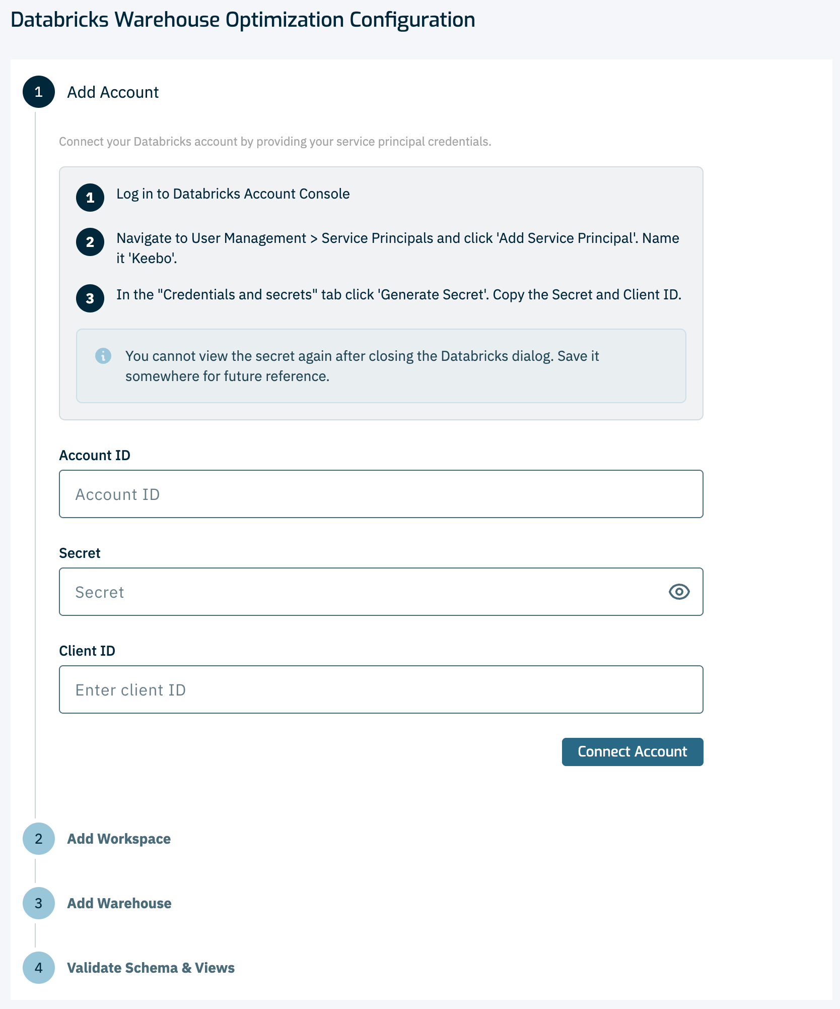 Add Account modal: Account ID, Service principal name, Client ID, Client secret