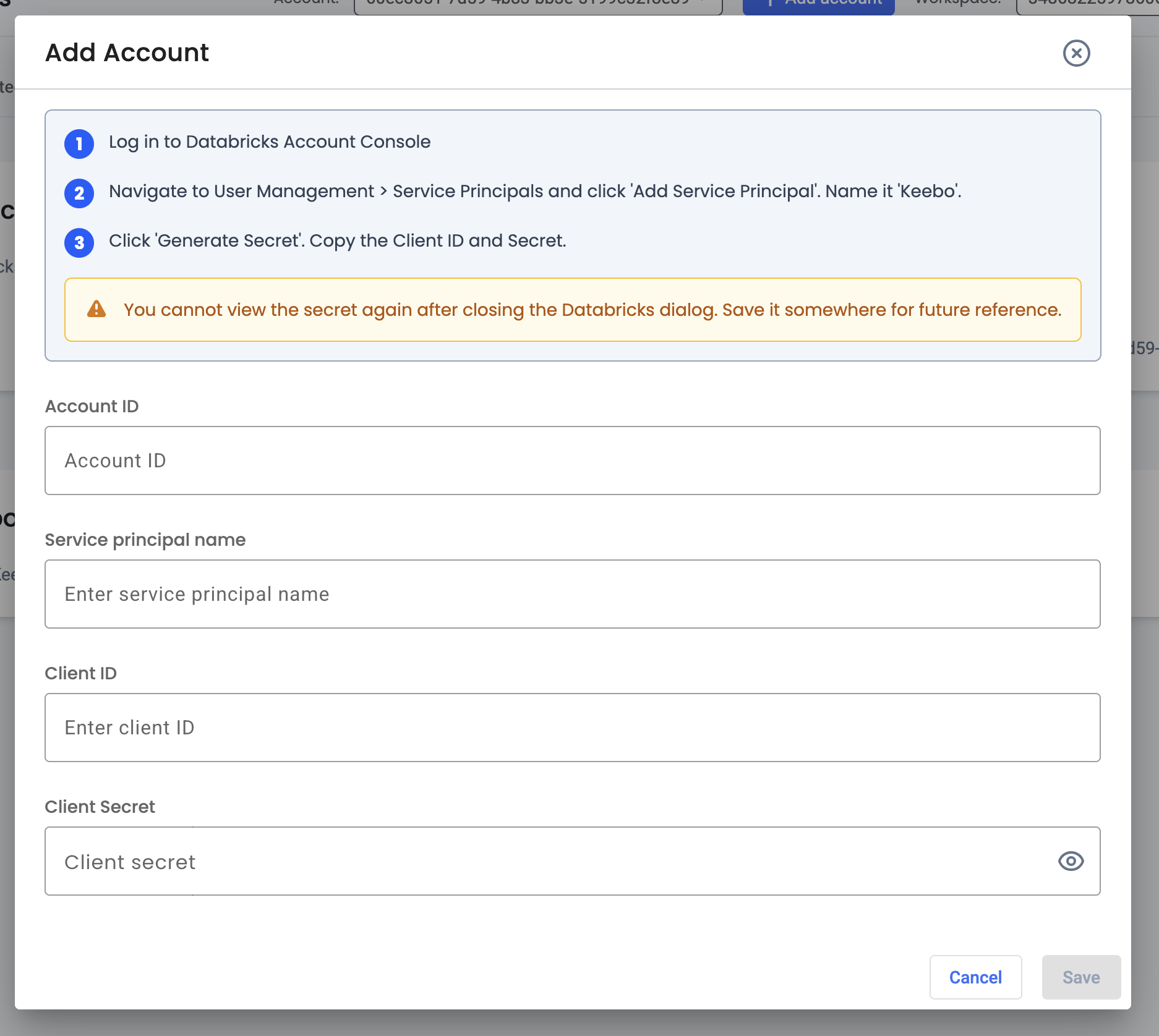 Add Account modal: Account ID, Service principal name, Client ID, Client secret