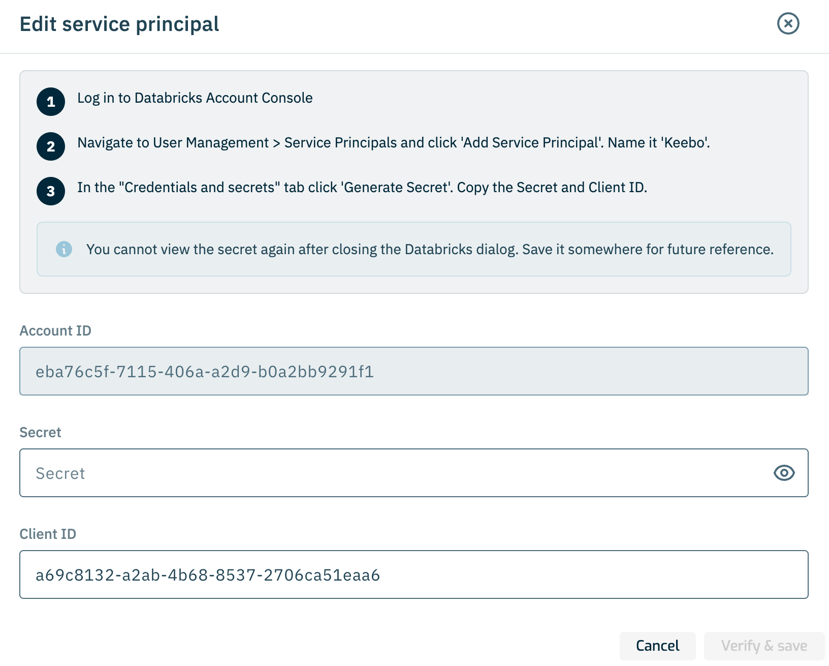 Edit service principal dialog showing Account ID, Secret, and Client ID fields with a Verify & save button