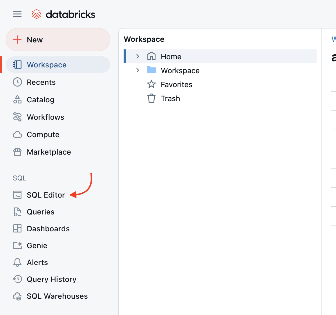 Databricks left navigation with SQL Editor