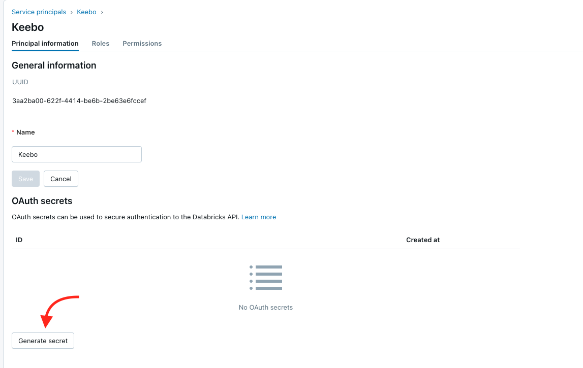 Service principal detail view with Generate Secret button