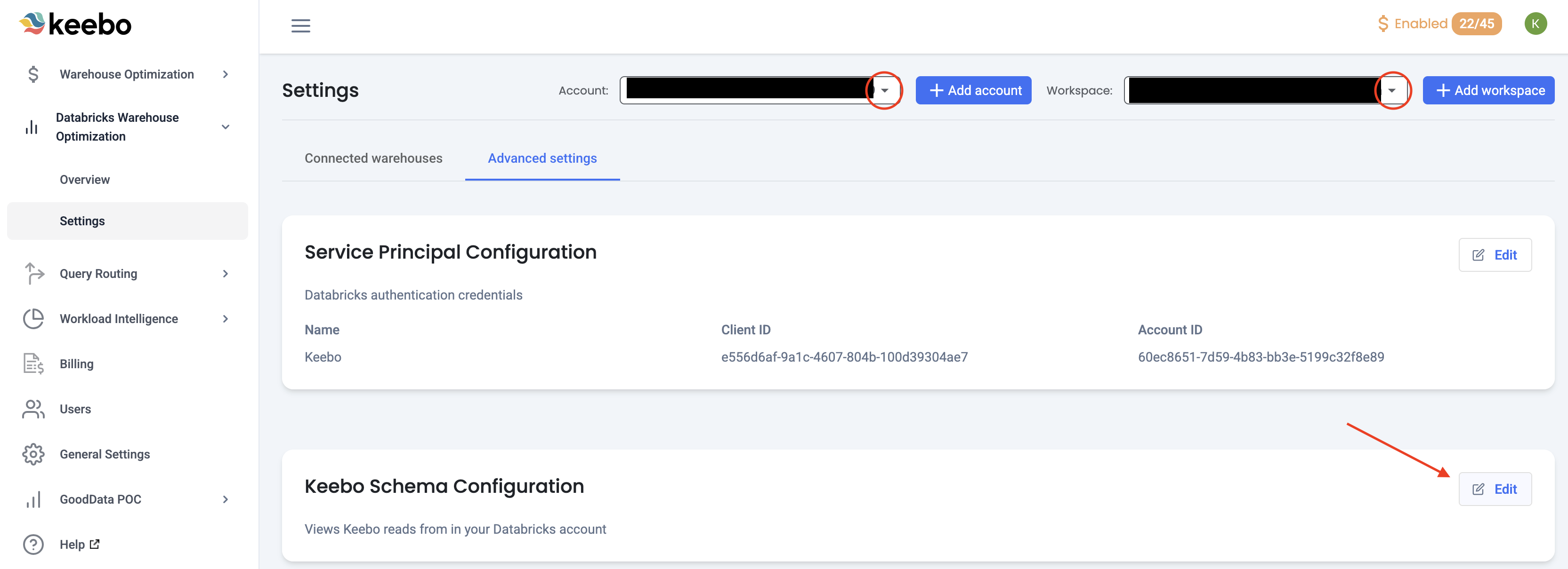 Account and workspace selector with Schema configuration