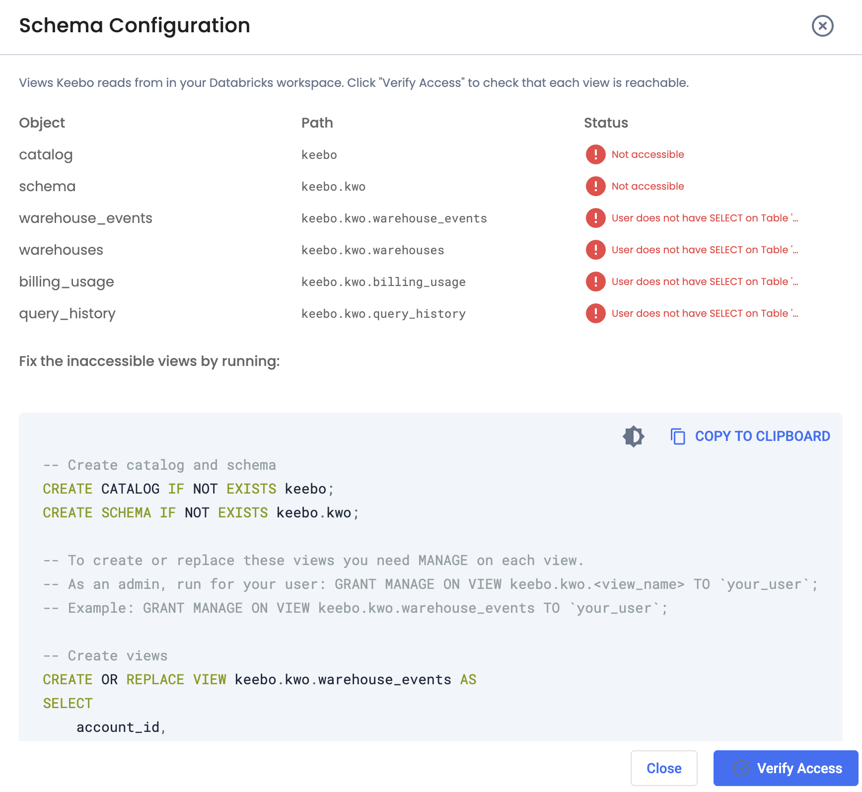 Schema verification result showing SQL script with CREATE VIEW and GRANT statements