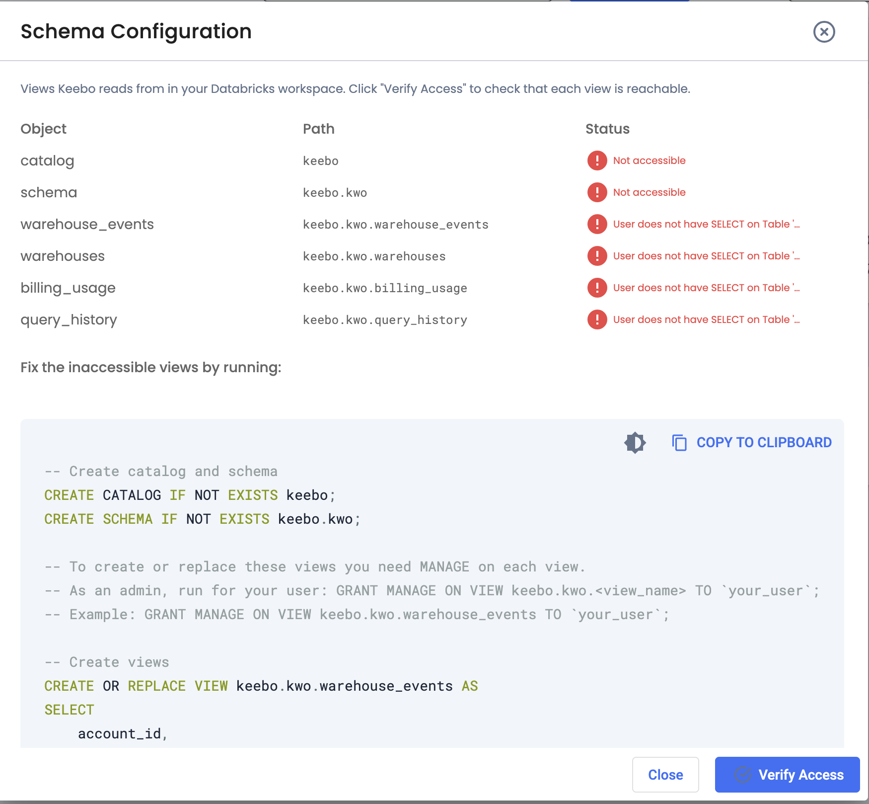 Schema verification result showing SQL script with CREATE VIEW and GRANT statements, and Copy button