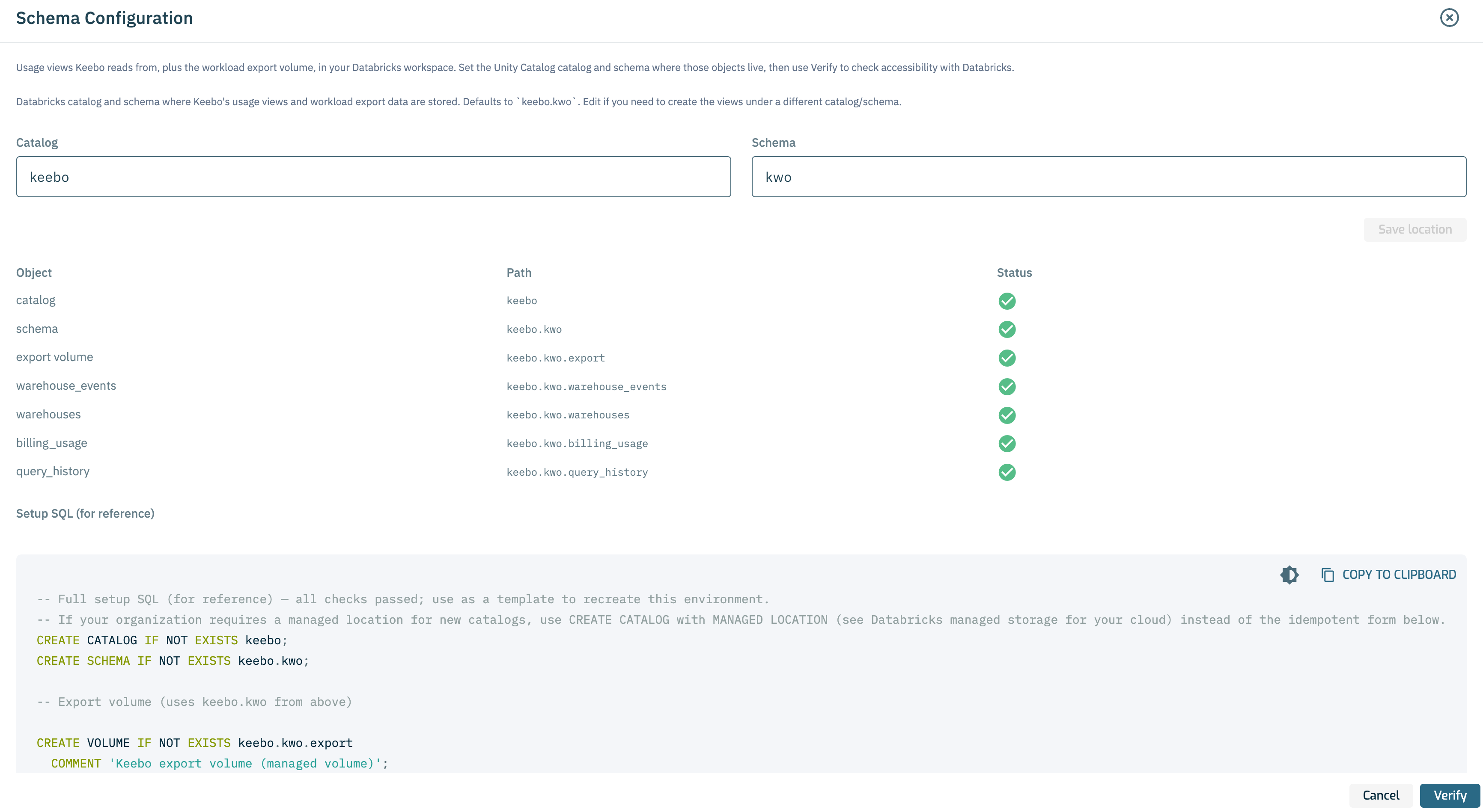Schema verification result showing SQL script with CREATE VIEW and GRANT statements