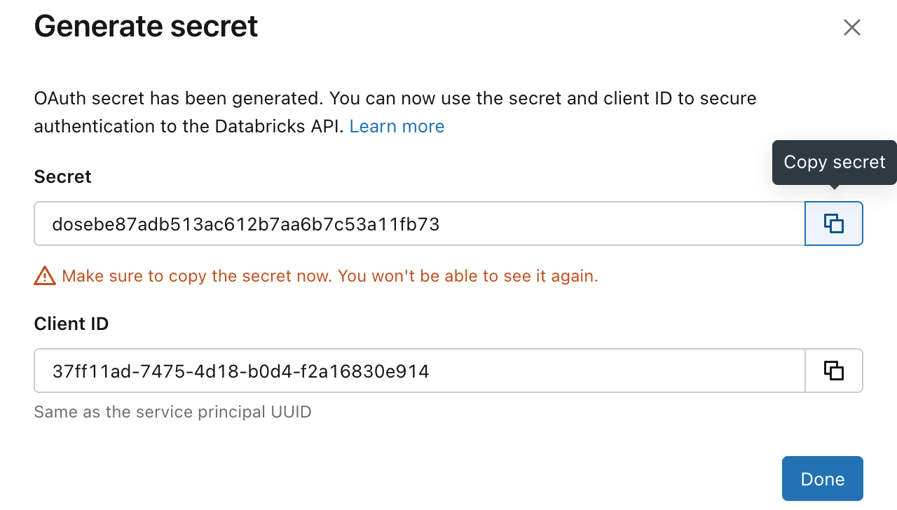 Pop-up showing Client ID and Secret with copy option