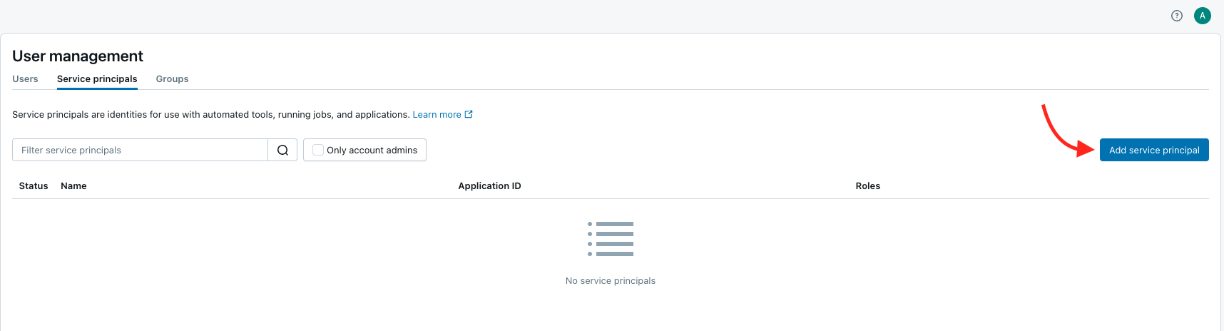 Service Principals tab with Add service principal button