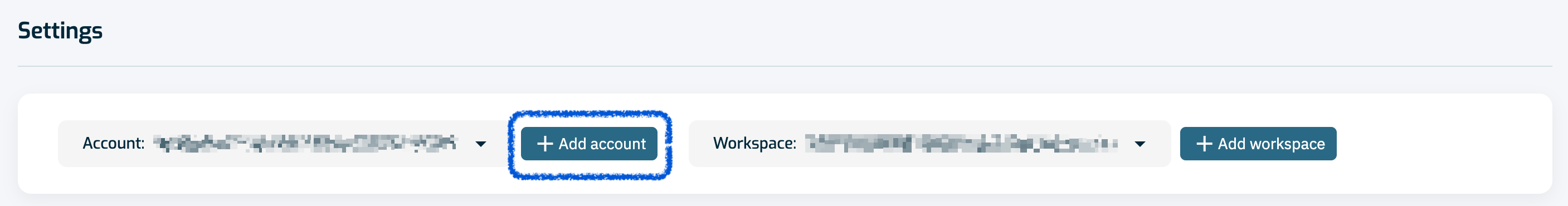 Settings page showing Account and Workspace dropdowns with Add account and Add workspace buttons