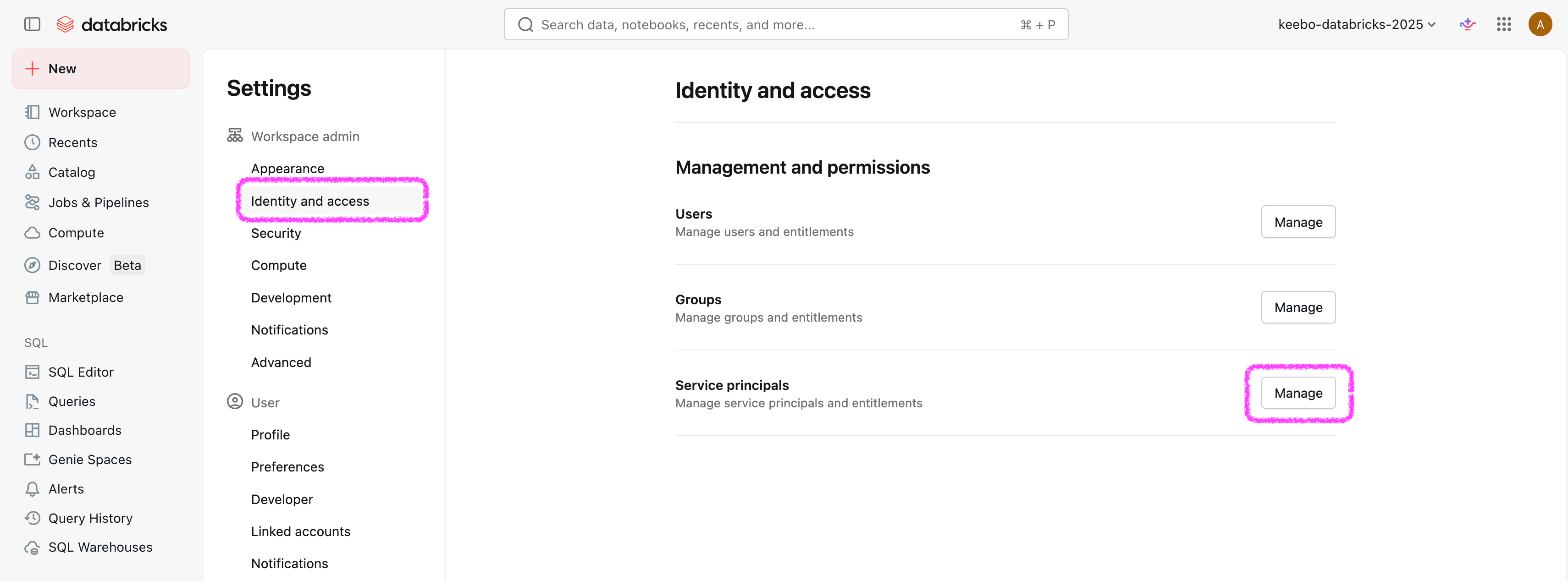 Navigate to Identity and access and click Service principals