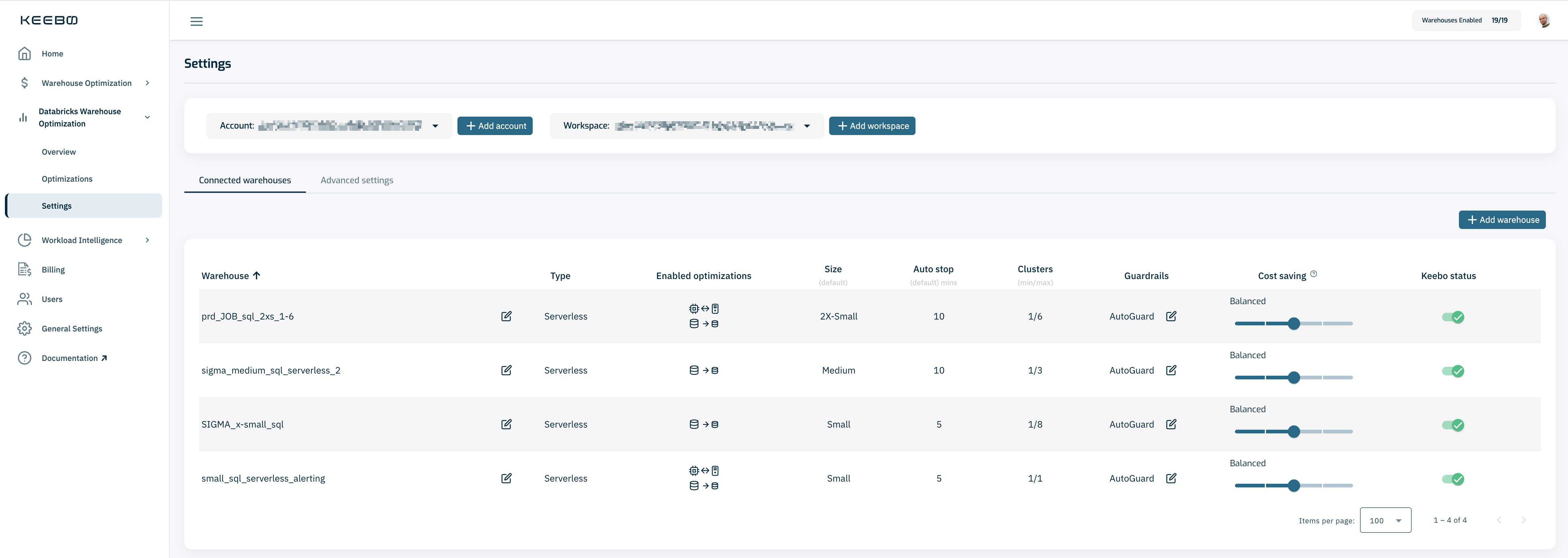 Settings page showing Account and Workspace dropdowns with Add account and Add workspace buttons