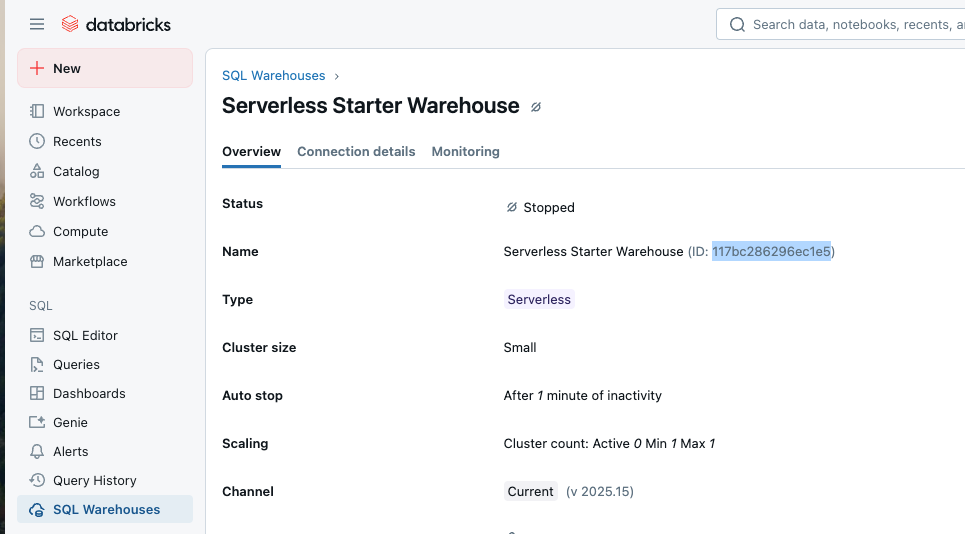 Databricks SQL Warehouses page showing warehouse name and ID
