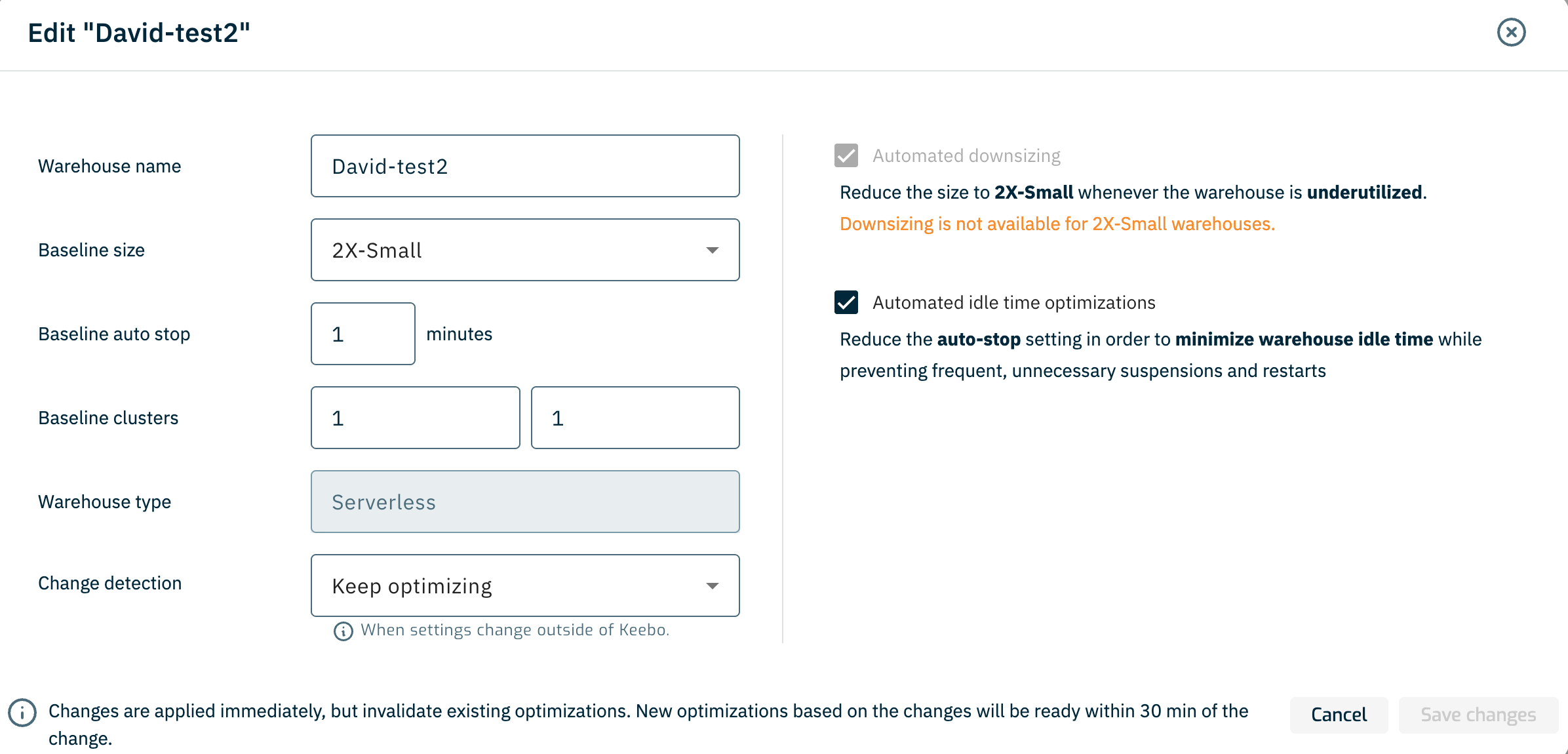 Edit warehouse dialog showing the Warehouse name, Baseline size, Baseline auto stop, Baseline clusters, Warehouse type, and Change detection fields, with the automated downsizing and idle time optimization checkboxes alongside them